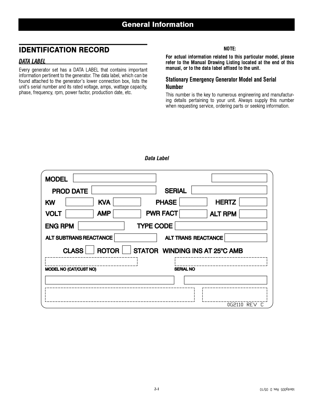 Generac QT04524ANSX owner manual Identification Record, General Information, Data Label 