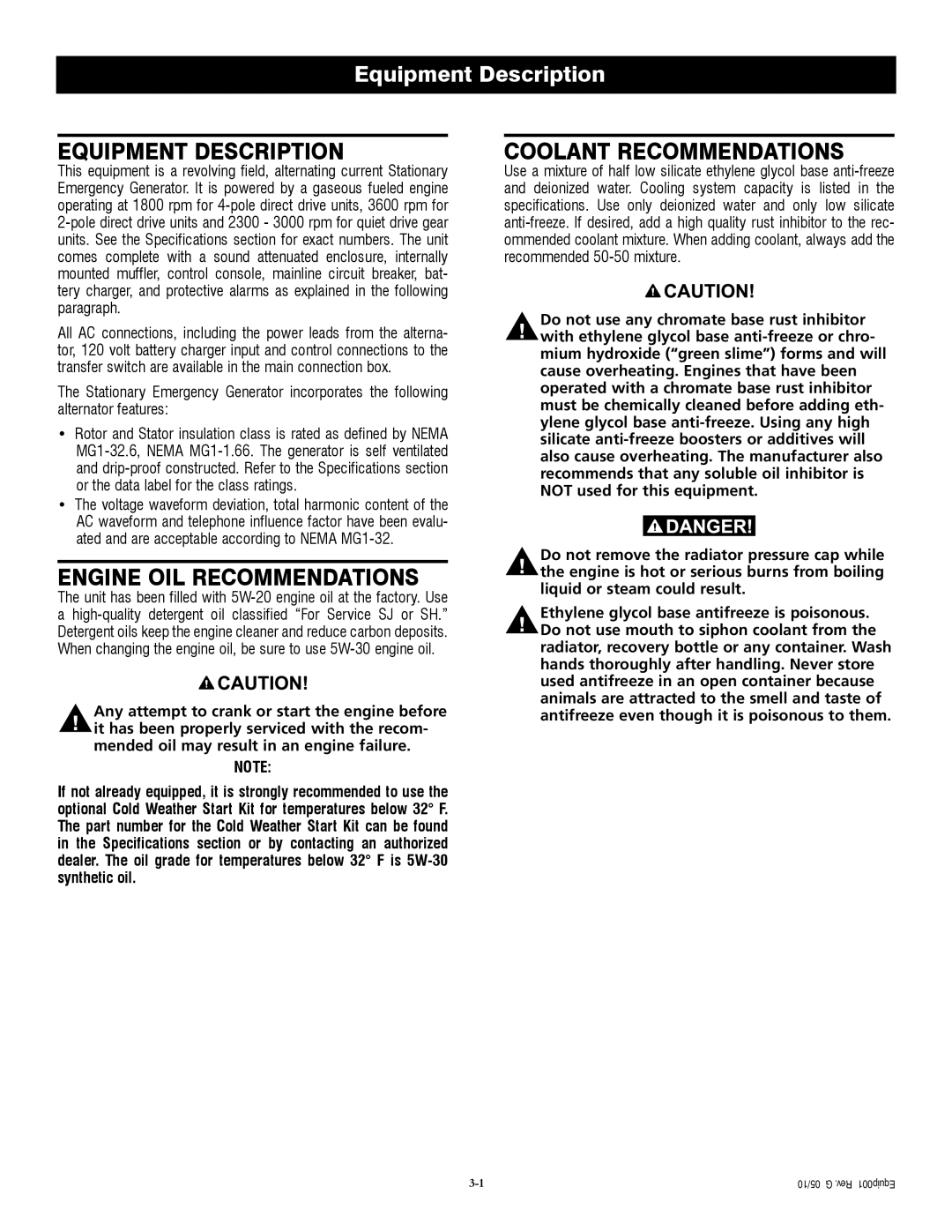 Generac QT04524ANSX owner manual Equipment Description, Engine Oil Recommendations, Coolant Recommendations 