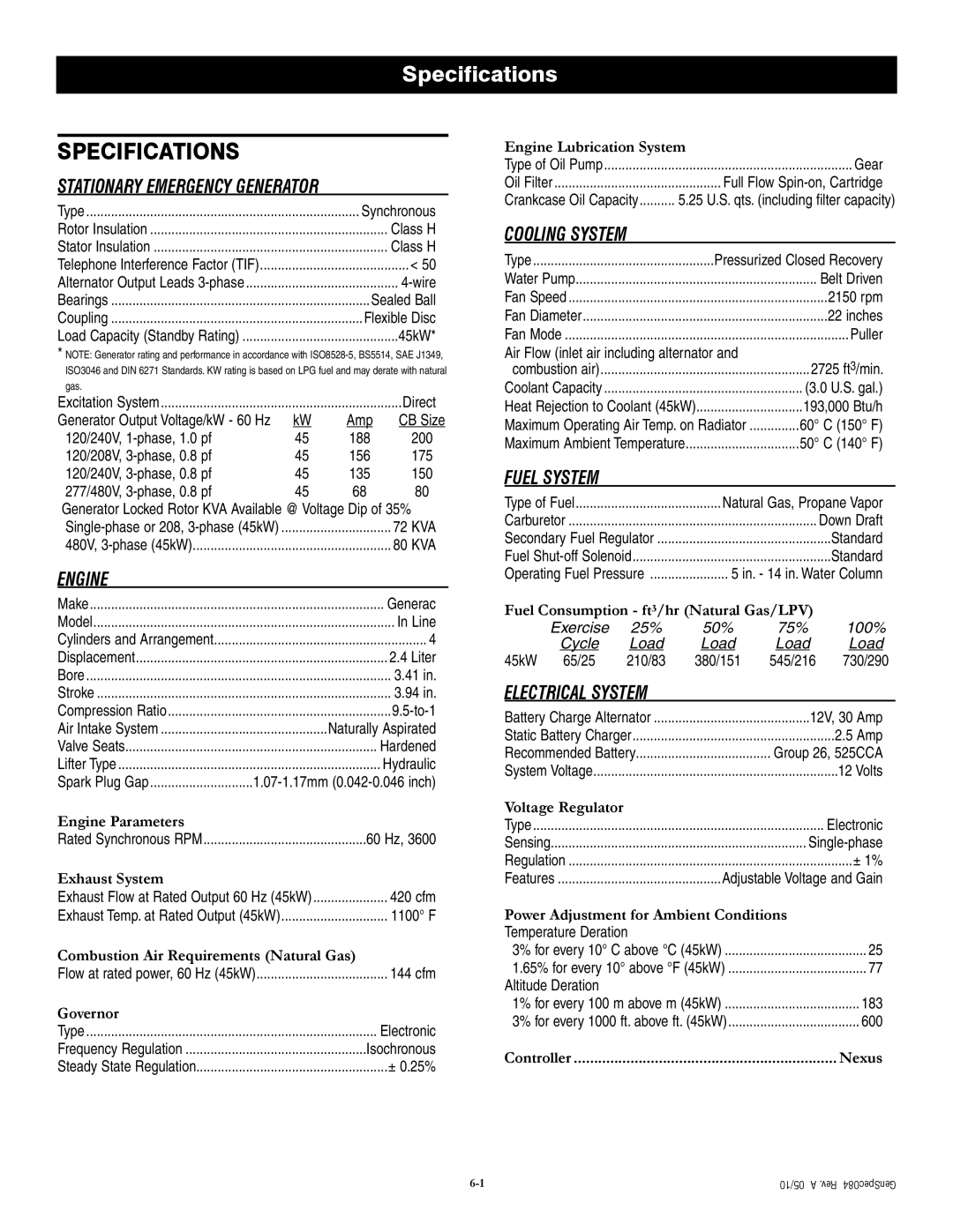 Generac QT04524ANSX owner manual Specifications, Stationary Emergency Generator, Engine, Cooling System, Fuel System 