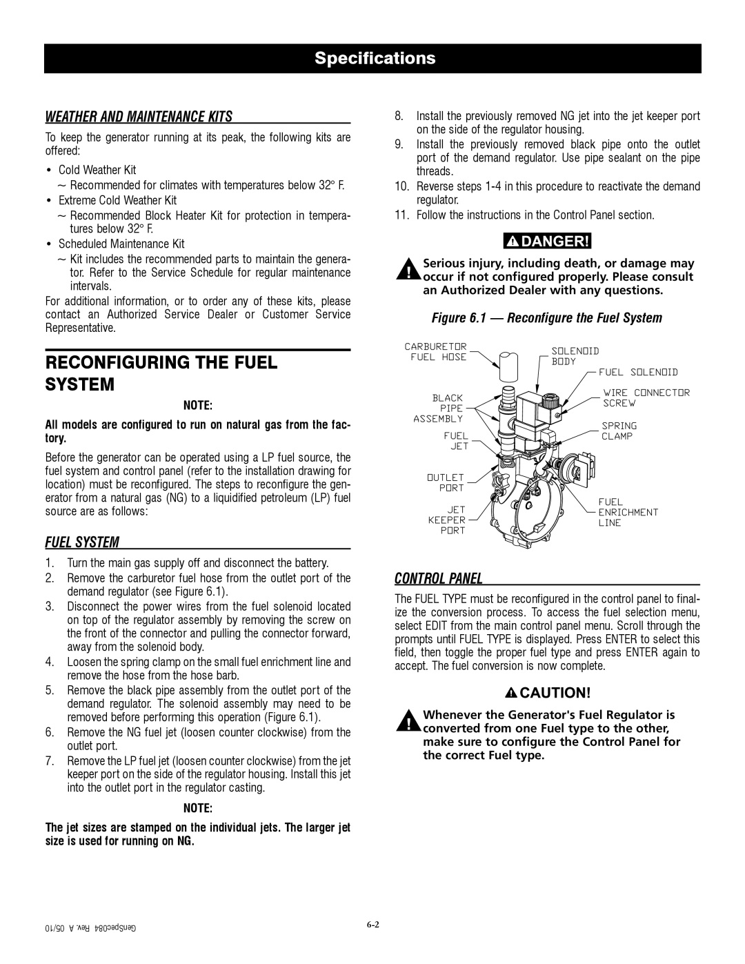 Generac QT04524ANSX owner manual Reconfiguring the Fuel System, Weather and Maintenance Kits, Control Panel 