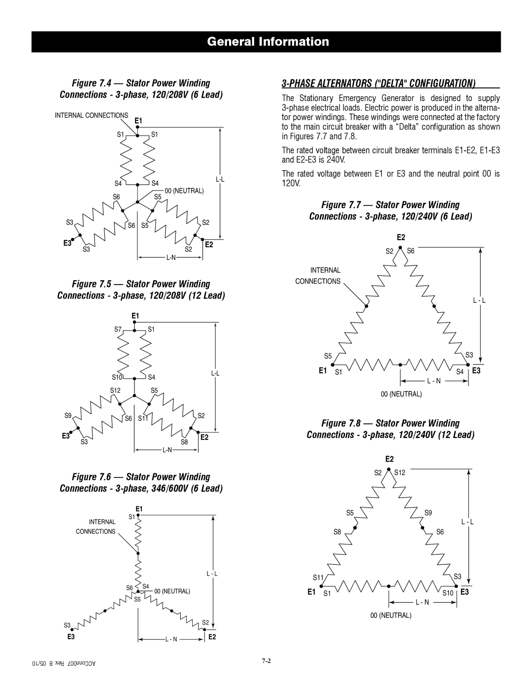 Generac QT04524ANSX owner manual Stator Power Winding Connections 3-phase, 120/208V 6 Lead 