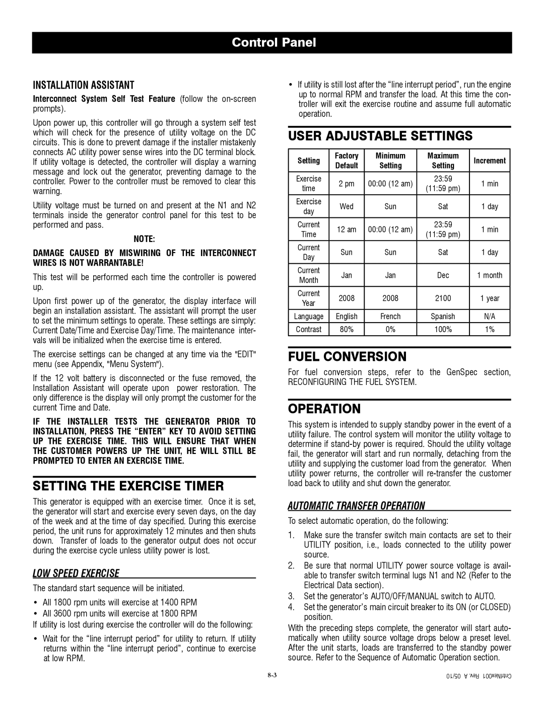 Generac QT04524ANSX owner manual Setting the Exercise Timer, User Adjustable Settings, Fuel Conversion, Operation 