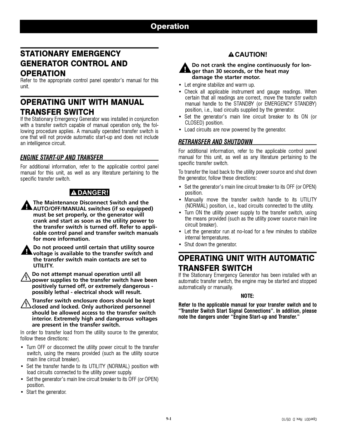 Generac QT04524ANSX Stationary Emergency Generator Control and Operation, Operating Unit with Manual Transfer Switch 