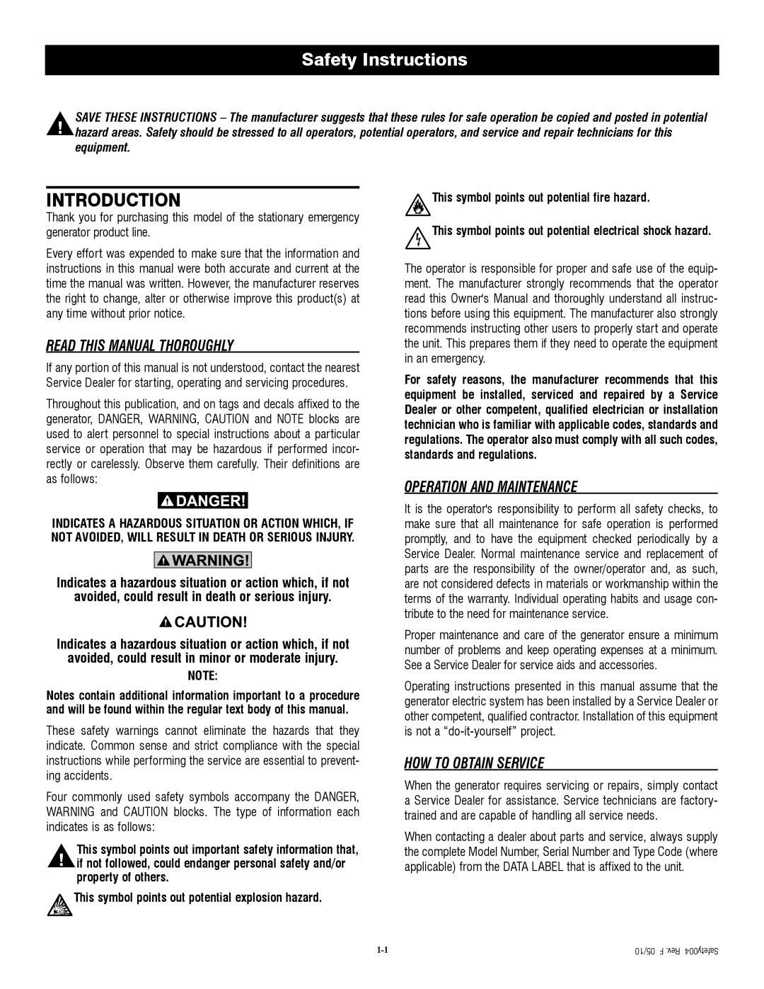 Generac QT04524ANSX Introduction, Read this Manual Thoroughly, Operation and Maintenance, HOW to Obtain Service 