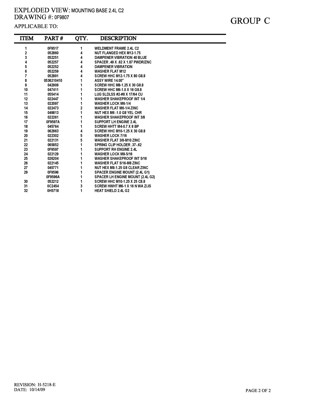 Generac QT04524ANSX owner manual Weldment Frame 2.4L C2 