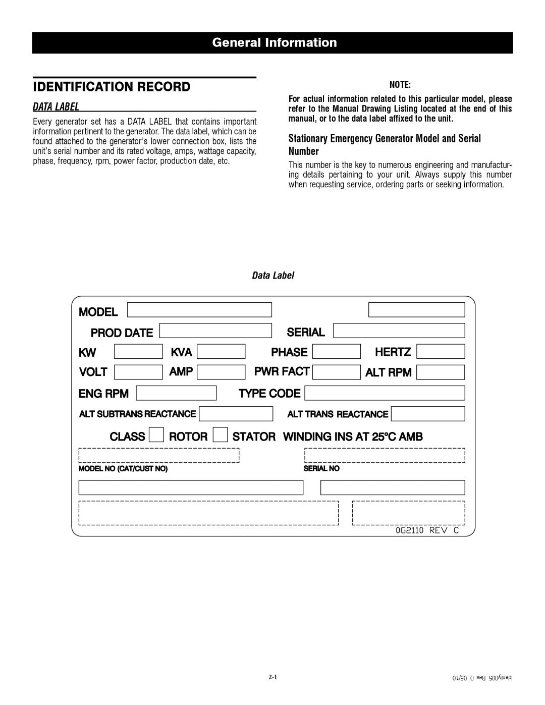 Generac QT04524ANSX owner manual Identification Record, Data Label 