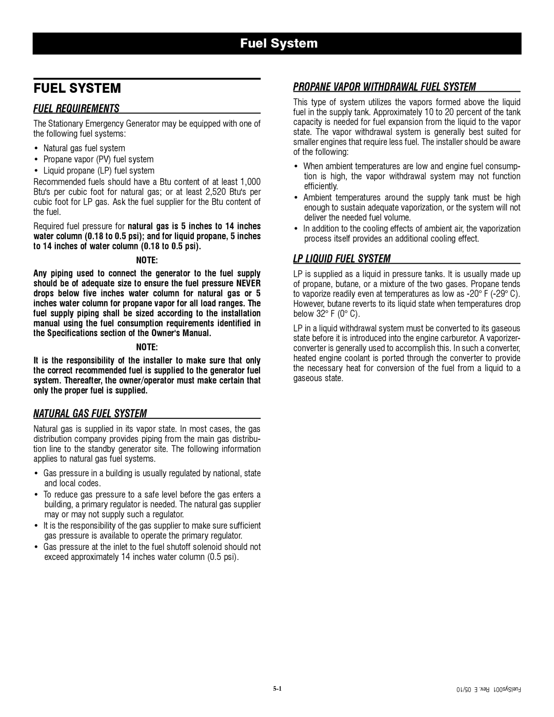 Generac QT04524ANSX owner manual Fuel Requirements, Natural GAS Fuel System, Propane Vapor Withdrawal Fuel System 