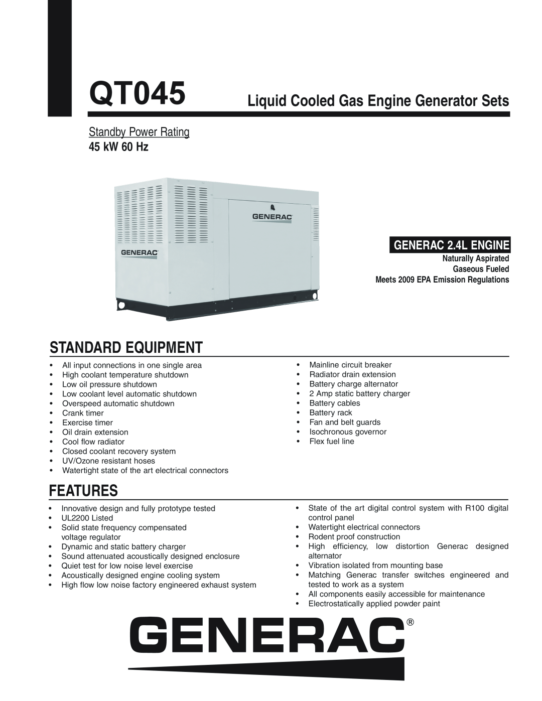 Generac QT04524KNSX manual Liquid Cooled Gas Engine Generator Sets, Standby Power Rating, 45 kW 60 Hz, GENERAC 2.4L ENGINE 