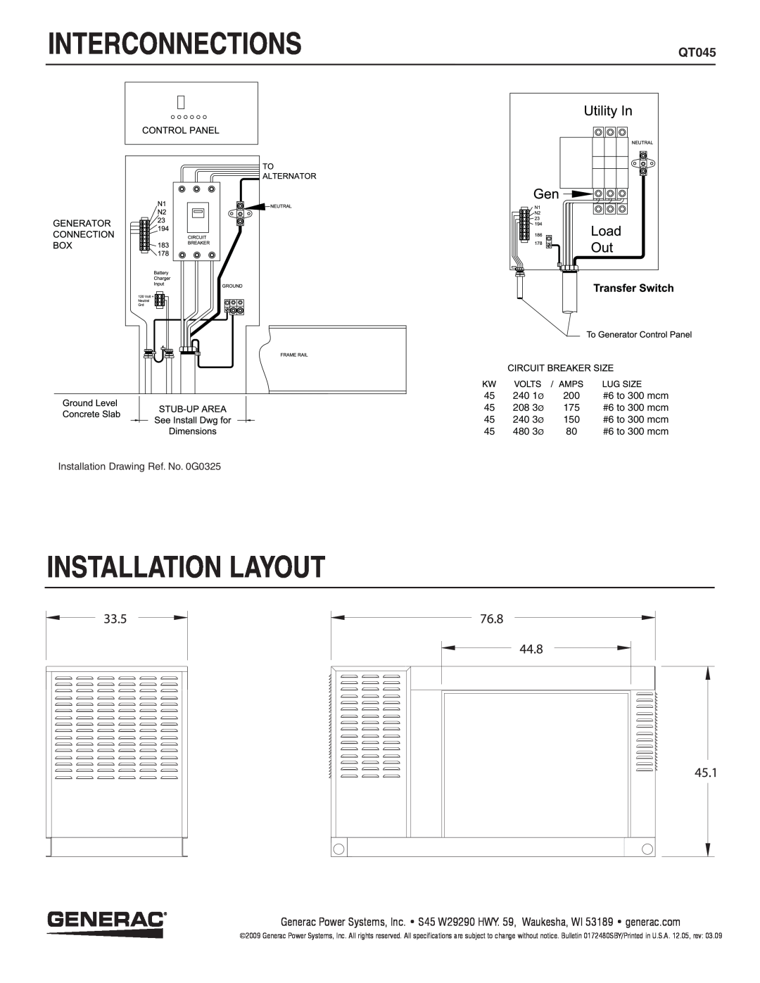 Generac QT04524JNSX, QT04524KNSX manual Interconnections, Installation Layout 