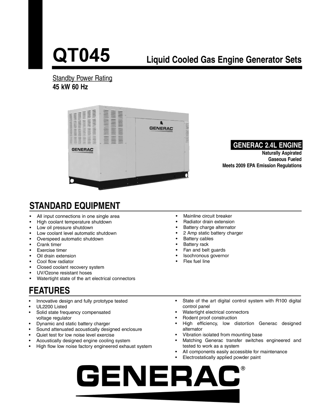 Generac QT04524KNSX, QT04524JNSX manual Standard Equipment, Features 