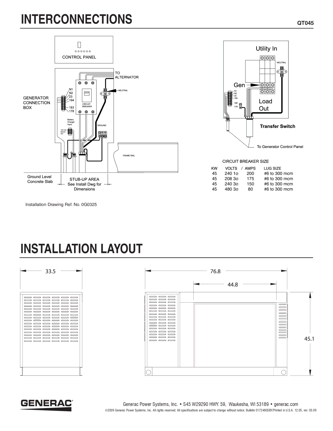 Generac QT04524JNSX, QT04524KNSX manual Installation Layout 