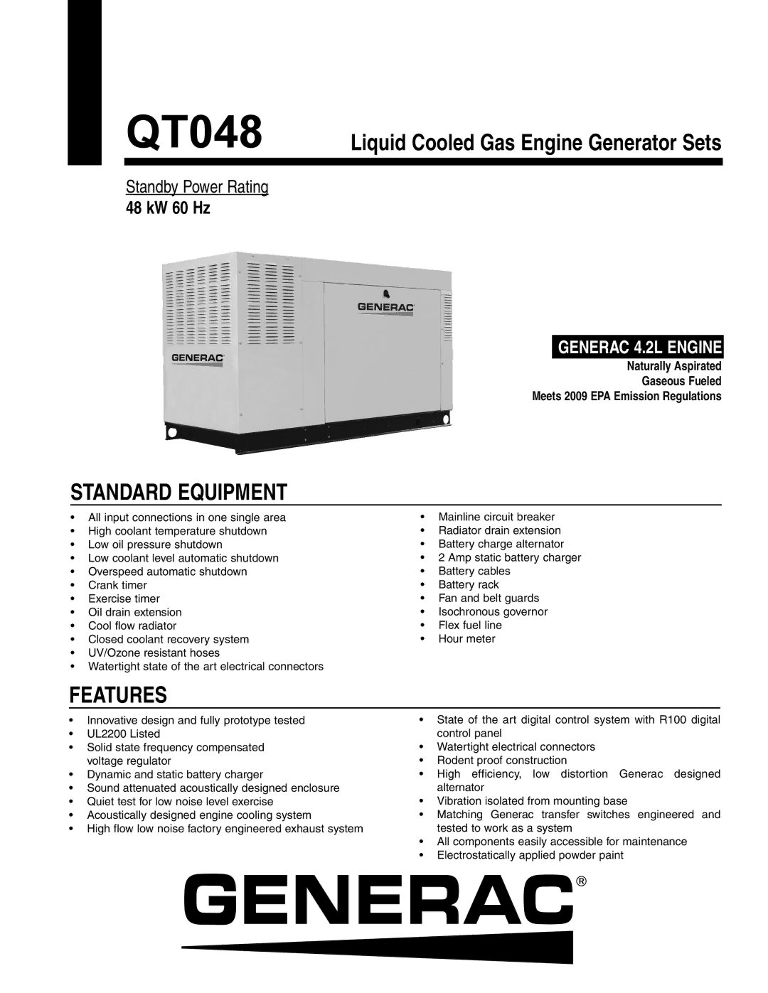 Generac QT04842KNAX manual Standard Equipment, Features 