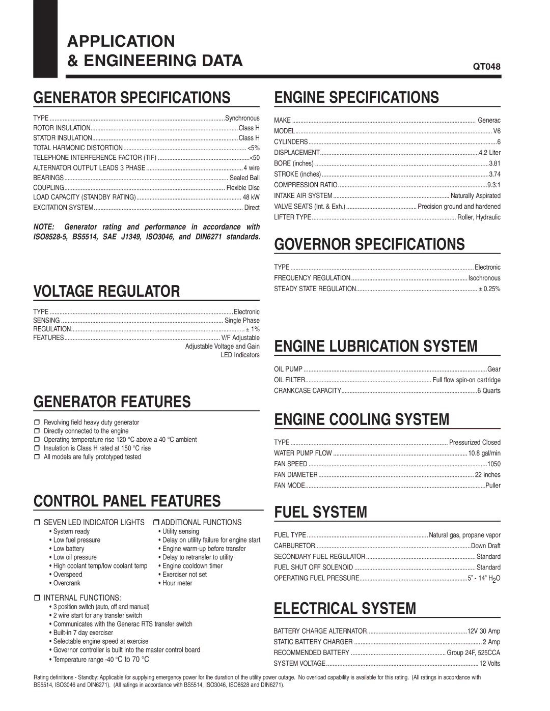 Generac QT04842KNAX manual Application Engineering Data, Engine Specifications, Voltage Regulator, Generator Features 