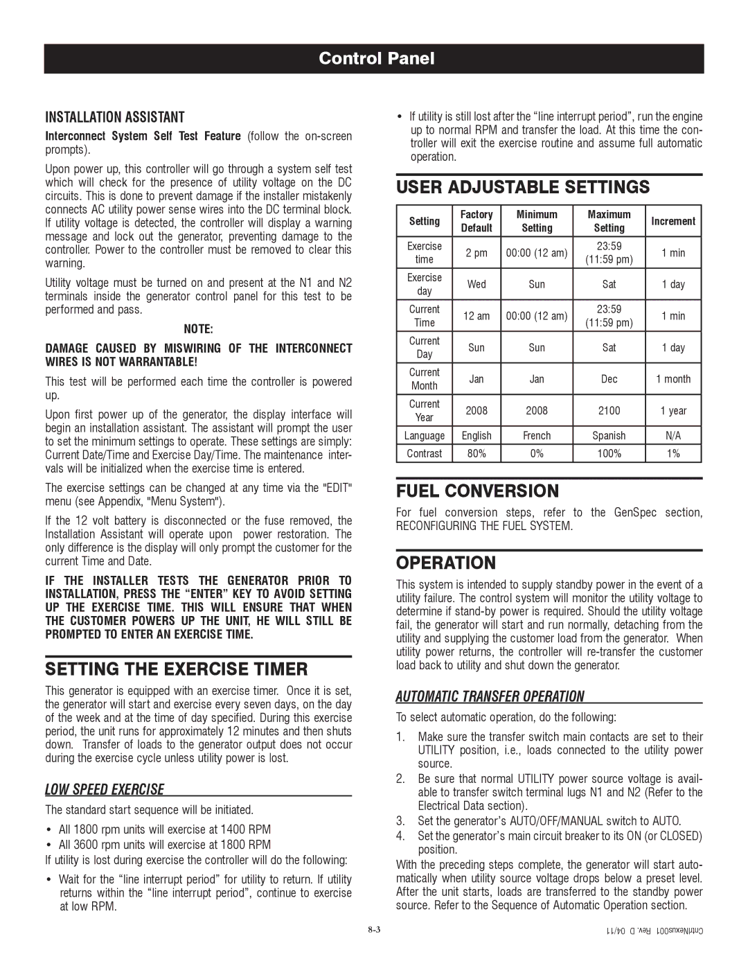 Generac QT06024AVAX, QT06024ANAX, QT06024ANSX, QT06024AVSX owner manual LOW Speed Exercise, Automatic Transfer Operation 