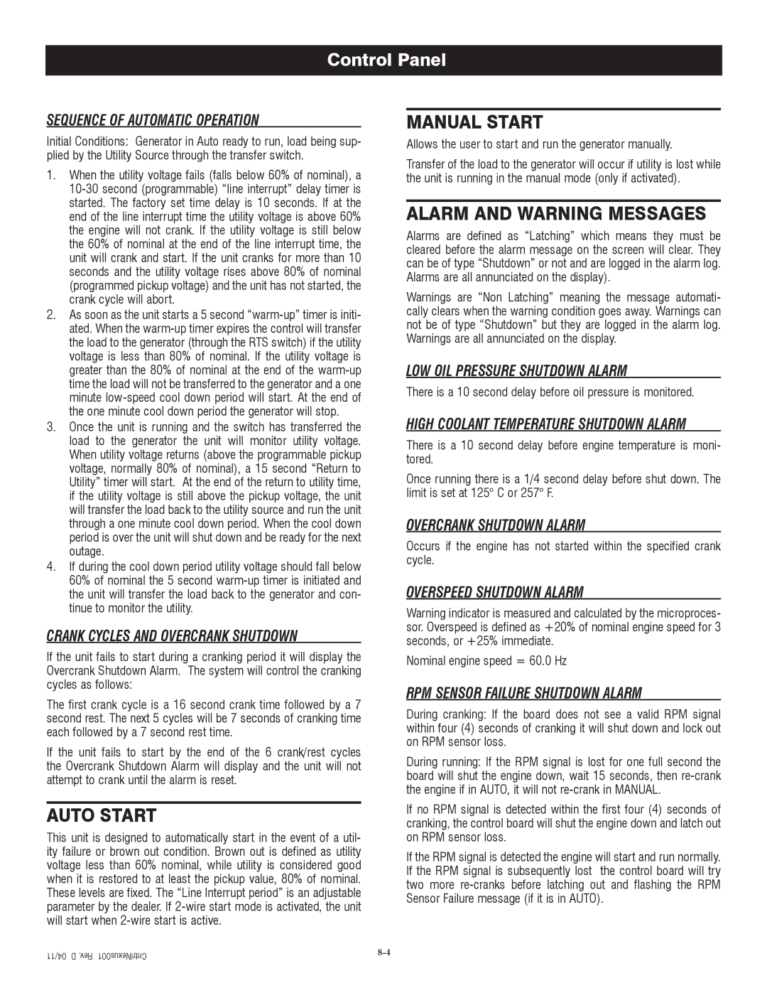 Generac QT06024ANAX Sequence of Automatic Operation, Crank Cycles and Overcrank Shutdown, LOW OIL Pressure Shutdown Alarm 