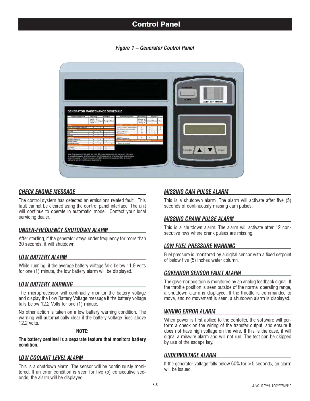 Generac QT06024ANSX Check Engine Message, UNDER-FREQUENCY Shutdown Alarm, LOW Battery Alarm, LOW Battery Warning 