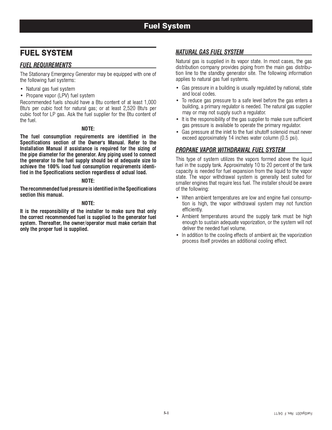 Generac QT06024ANAX, QT06024AVAX Fuel Requirements, Natural GAS Fuel System, Propane Vapor Withdrawal Fuel System 