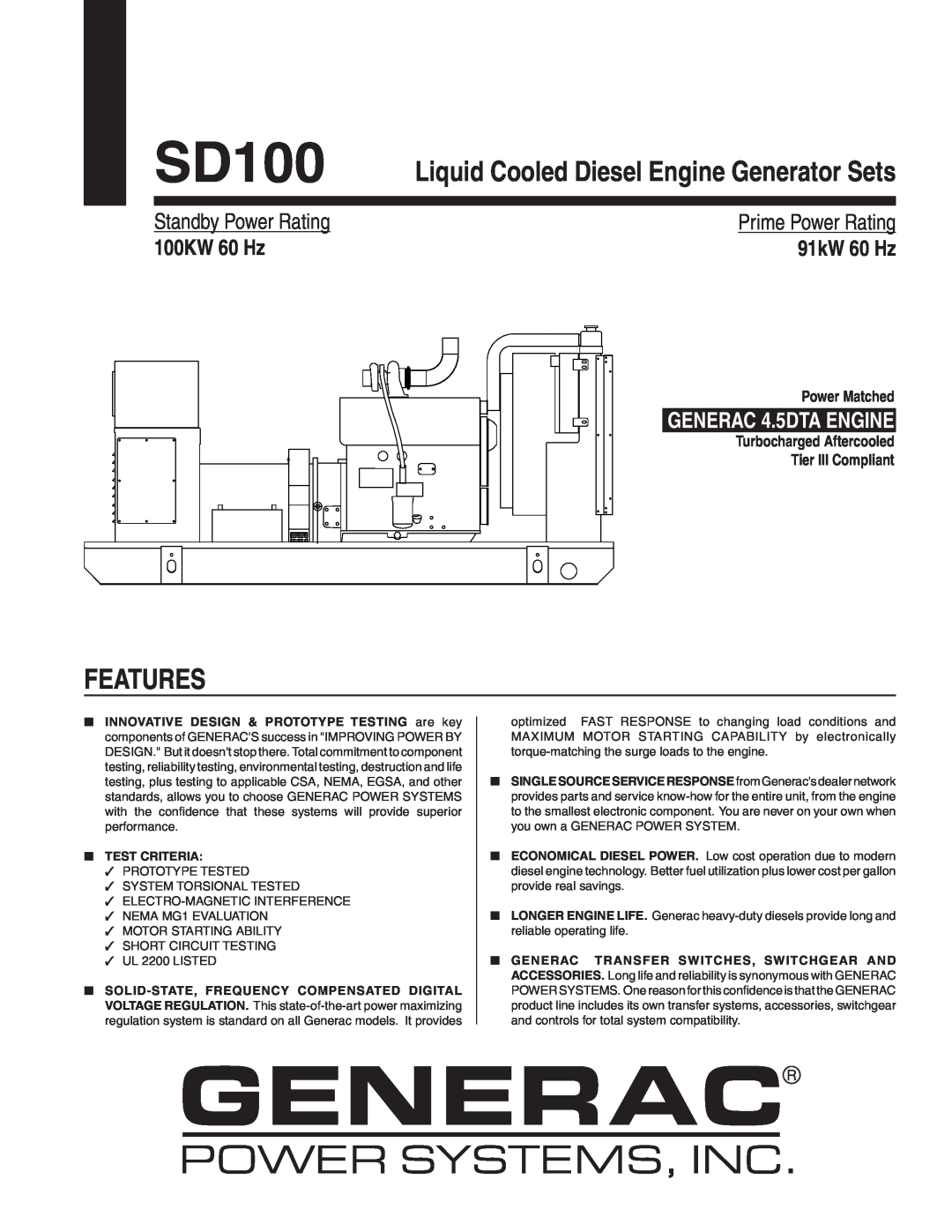 Generac SD100 manual Features, Liquid Cooled Diesel Engine Generator Sets, 100KW 60 Hz, 91kW 60 Hz, Power Matched 