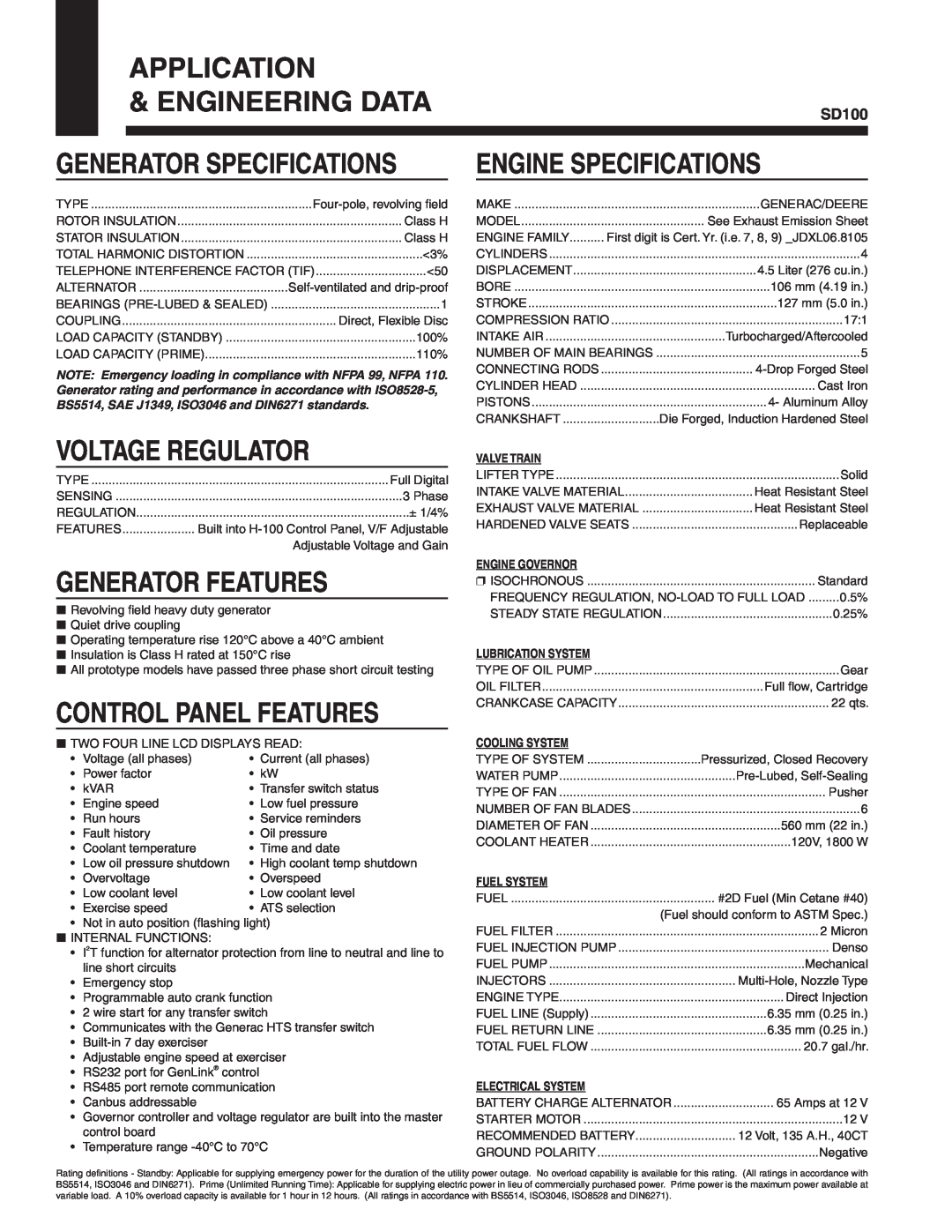 Generac SD100 manual Application, Engineering Data, Engine Specifications, Voltage Regulator, Generator Features 