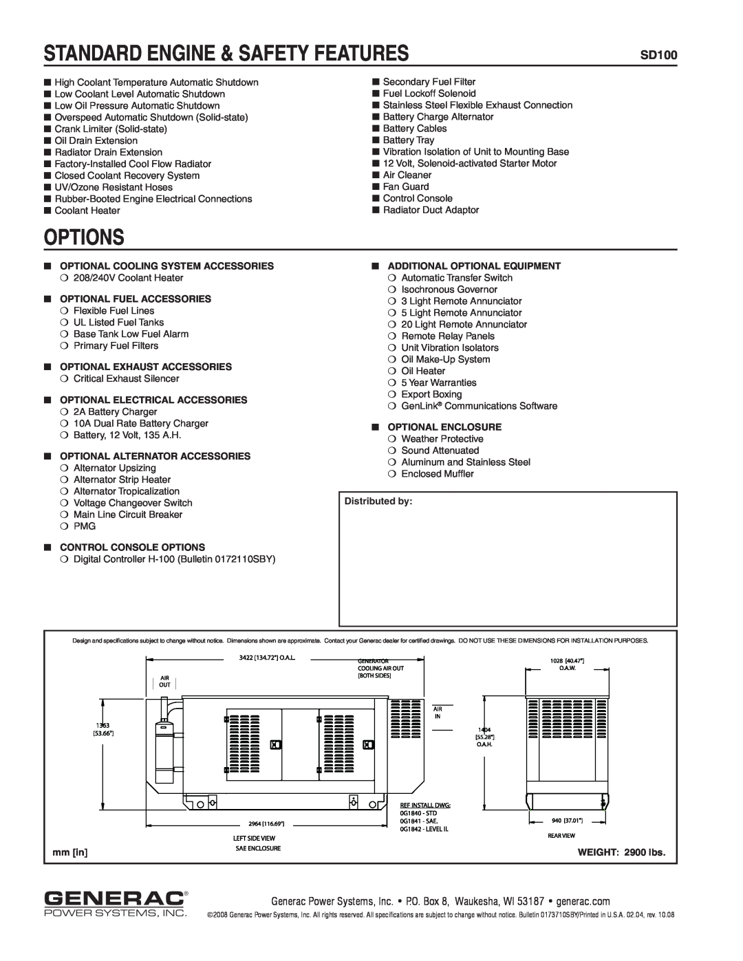 Generac SD100 manual Standard Engine & Safety Features, Options 