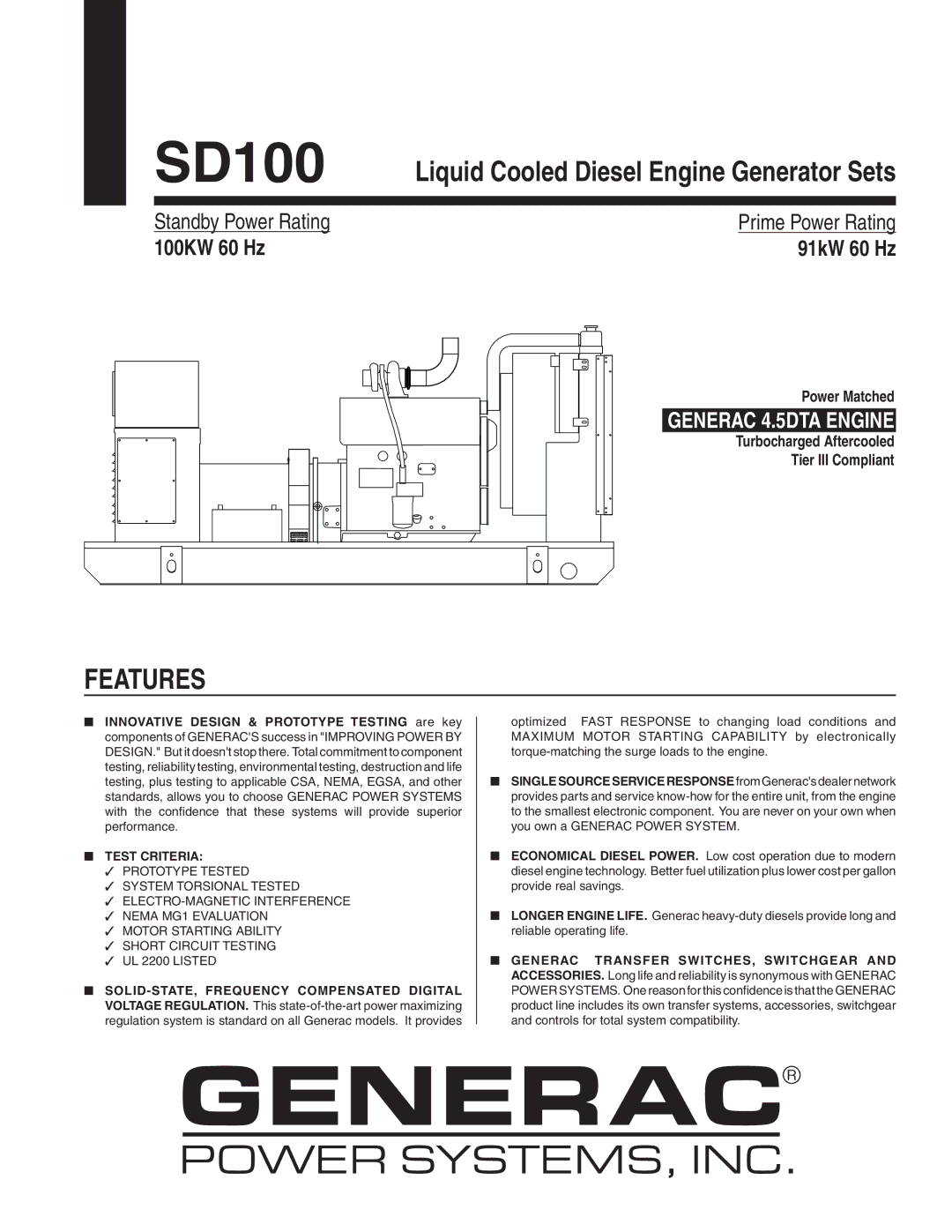 Generac SD100 manual Features, Test Criteria 