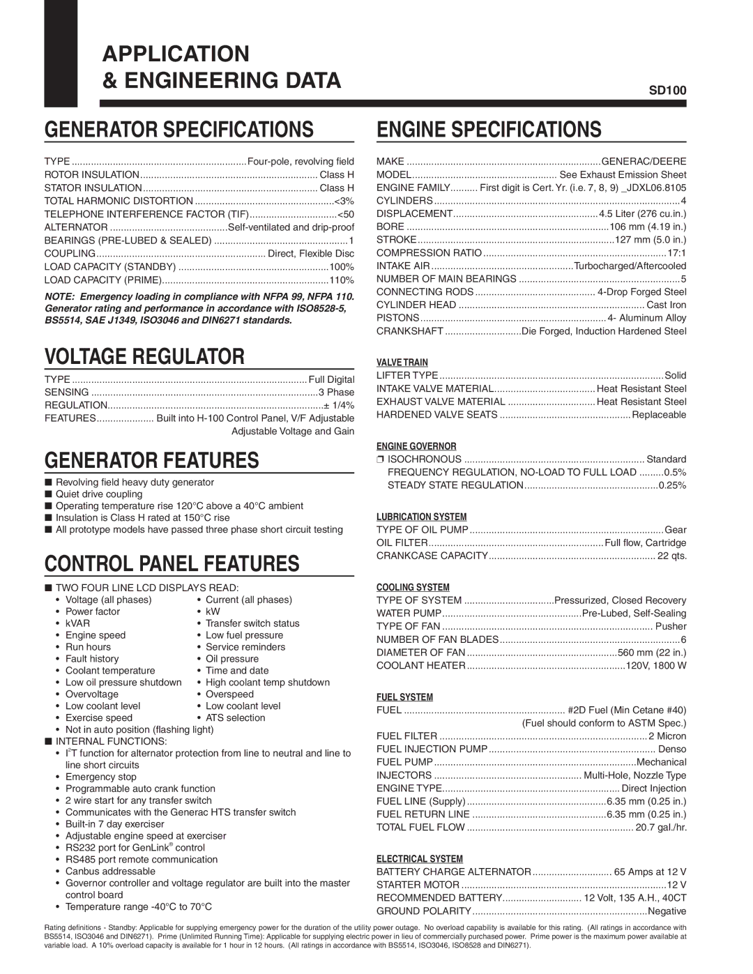 Generac SD100 manual Application Engineering Data, Engine Specifications, Voltage Regulator, Generator Features 