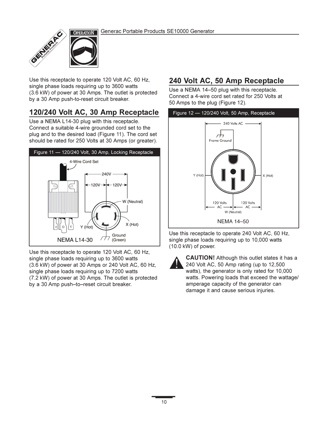 Generac SE10000 manual 120/240 Volt, 50 Amp, Receptacle 