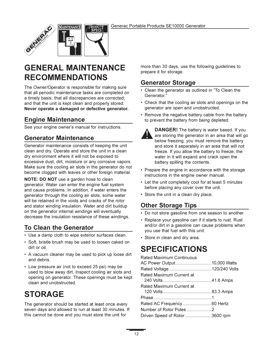 Generac SE10000 manual General Maintenance Recommendations, Storage, Specifications 