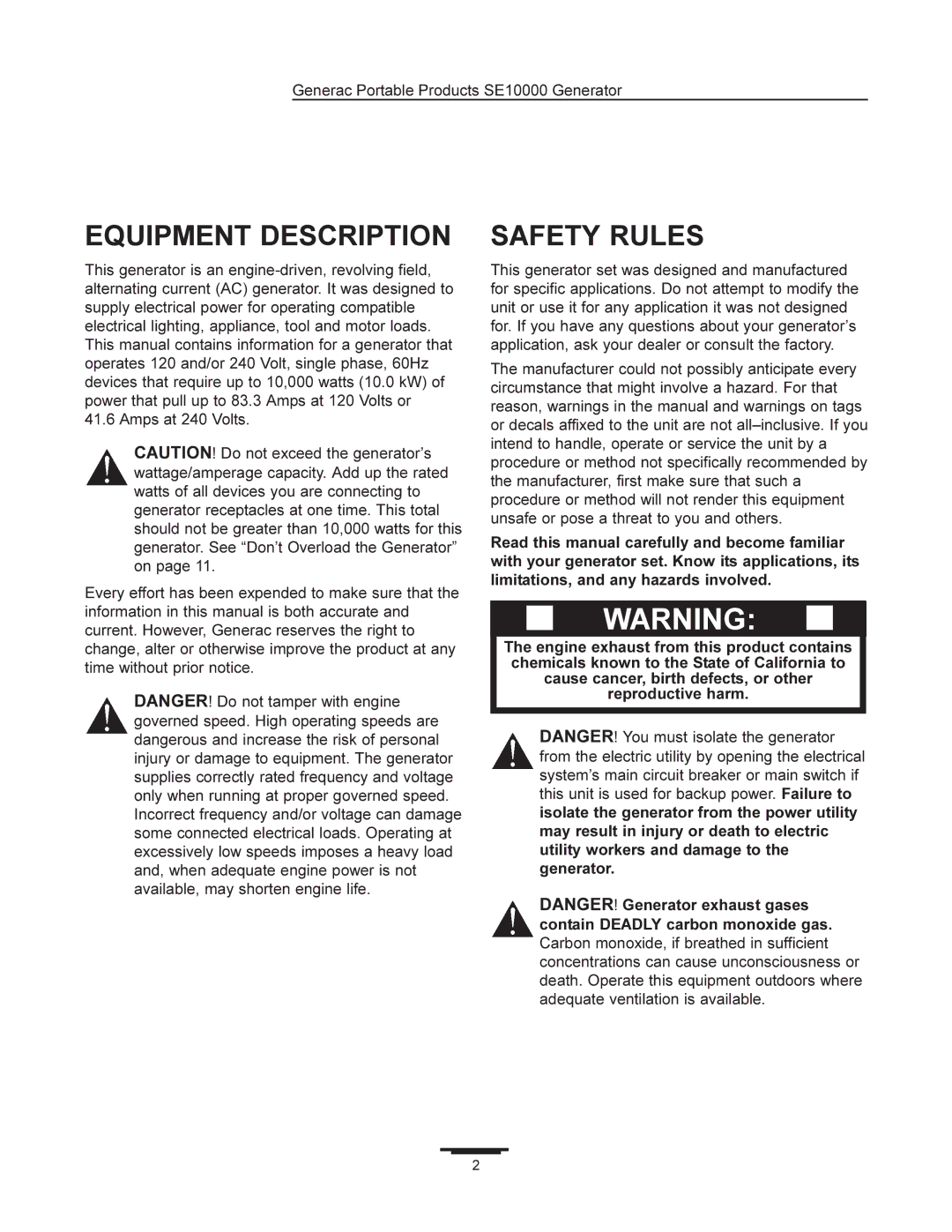 Generac SE10000 manual Equipment Description, Safety Rules 