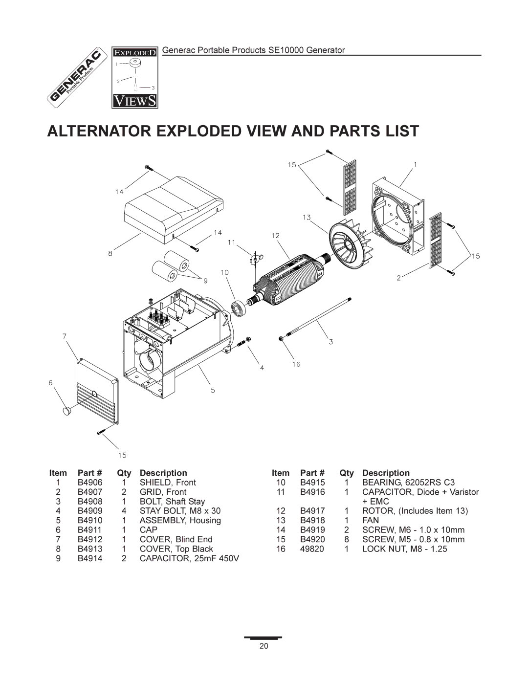 Generac SE10000 manual Alternator Exploded View and Parts List, BEARING, 62052RS C3, + Emc, Fan, Cap 