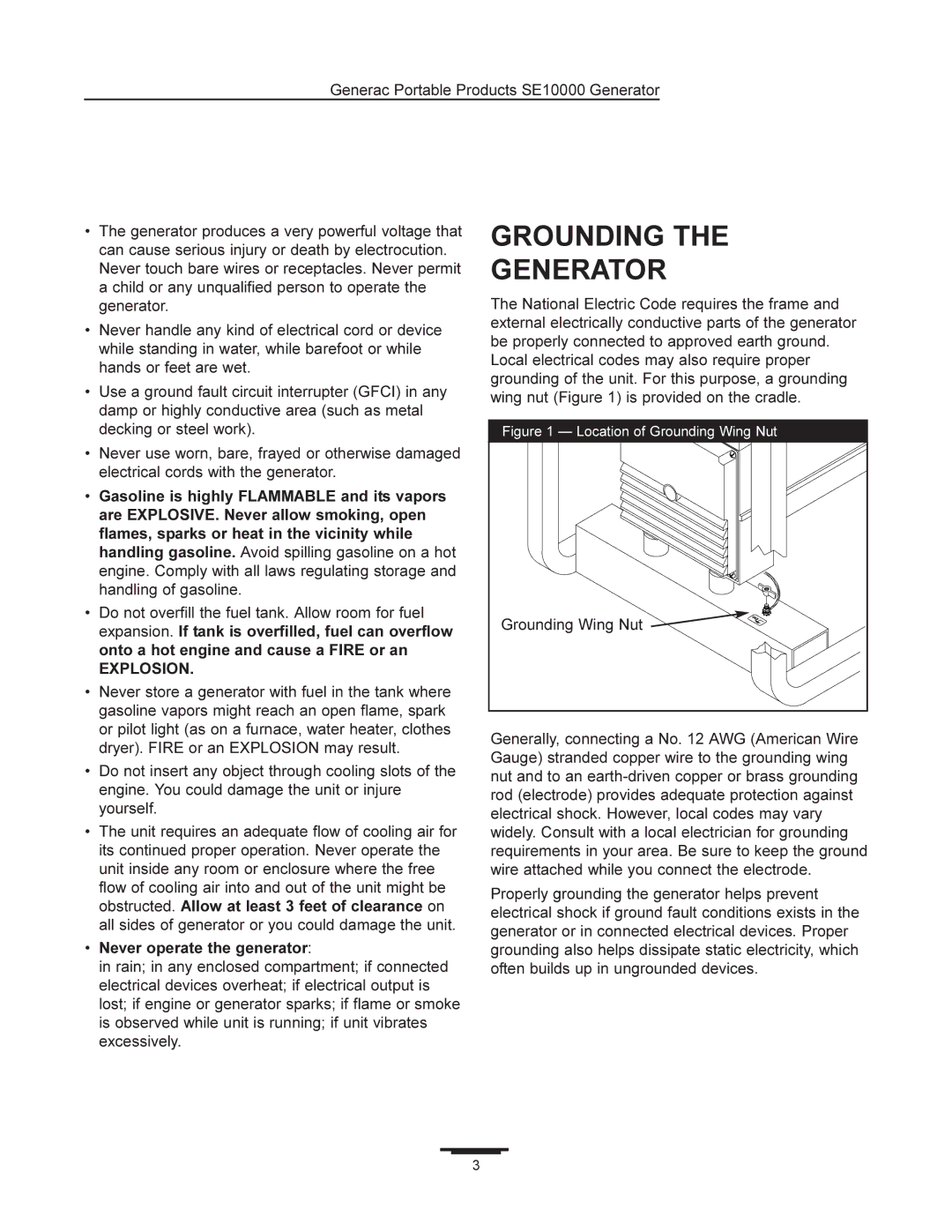 Generac SE10000 manual Grounding Generator, Never operate the generator 