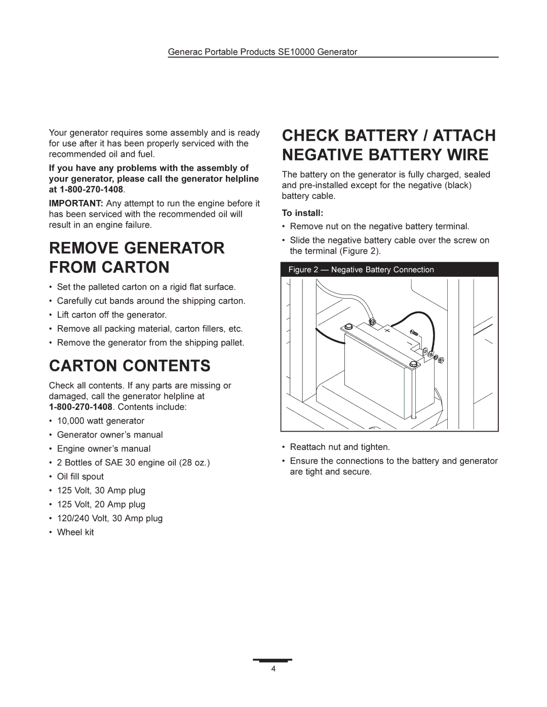 Generac SE10000 manual Remove Generator from Carton, Carton Contents, Check Battery / Attach Negative Battery Wire 