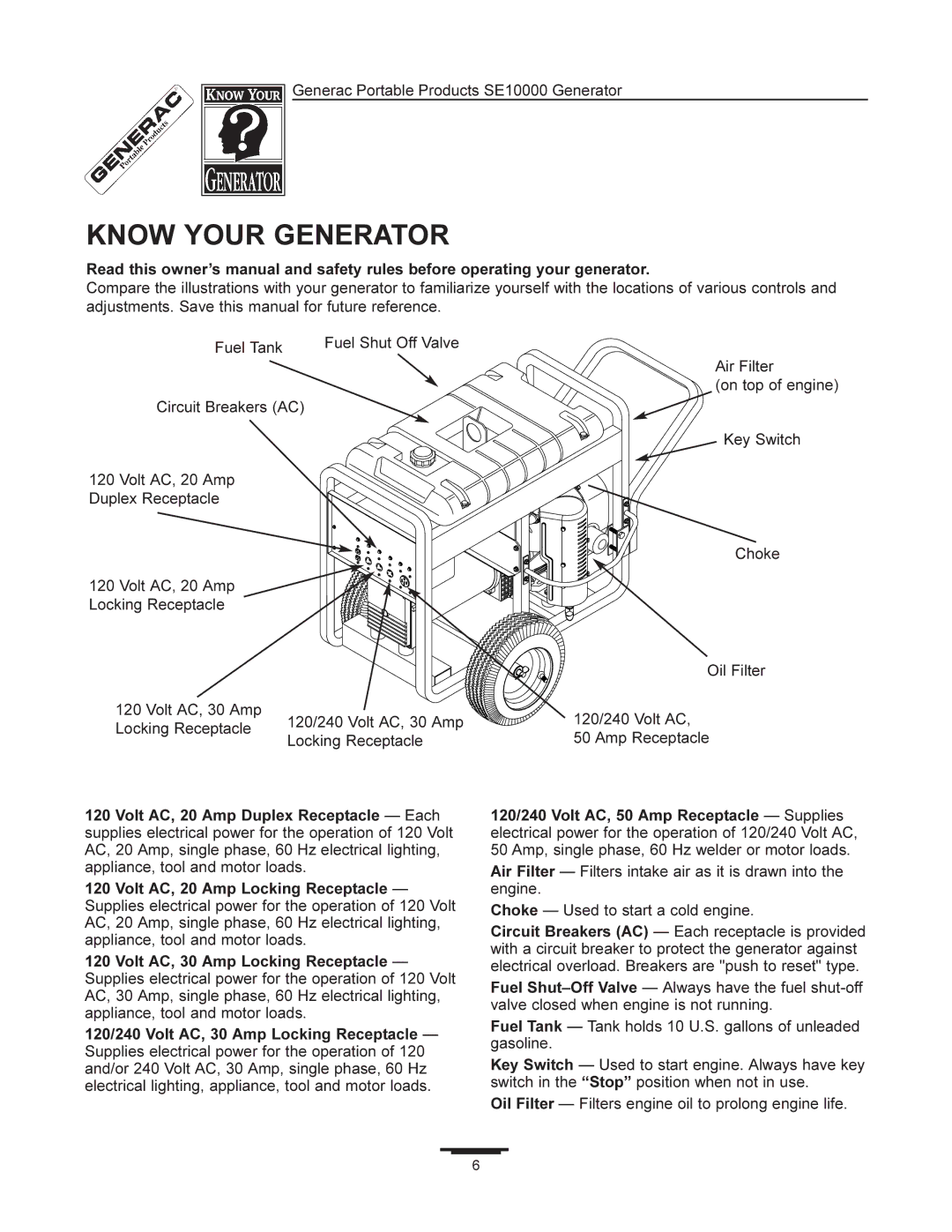 Generac SE10000 manual Know Your Generator 