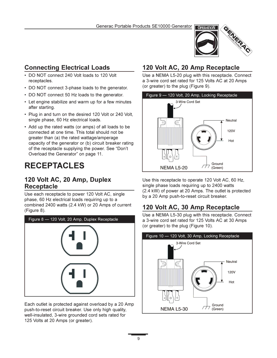 Generac SE10000 manual Receptacles, Connecting Electrical Loads 