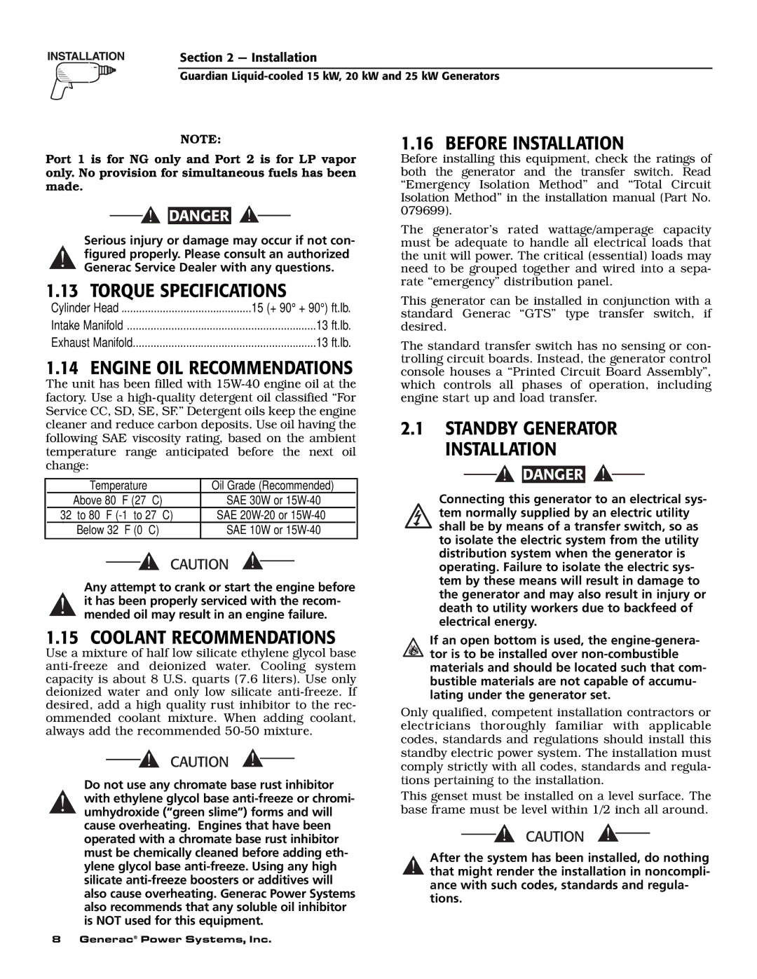 Generac 0047210, 0047220, 0047230, 0047240, 0047250, 0047251, 0047252, 0047253, 0047260 owner manual Torque Specifications 