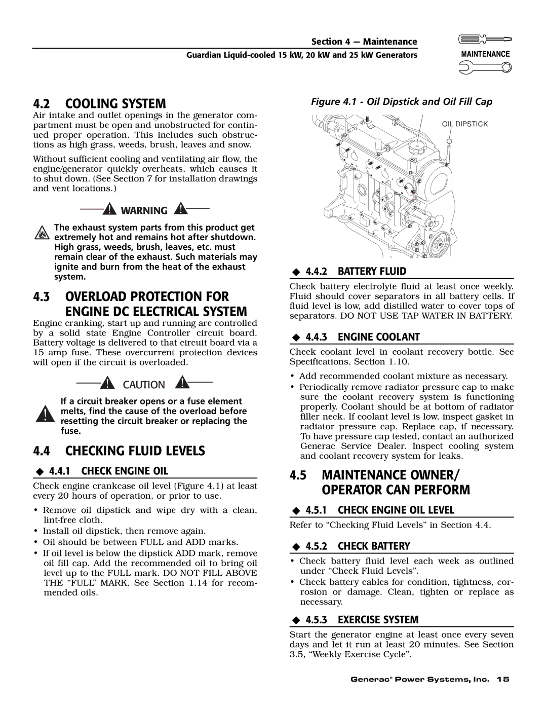 Generac 0047210, 0047220, 0047230, 0047240, 0047250, 0047251, 0047252, 0047253, 0047260 owner manual Cooling System 