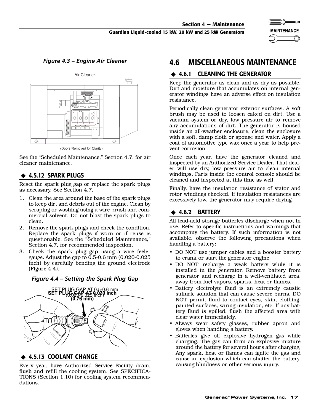 Generac 0047210, 0047220, 0047230, 0047240, 0047250, 0047251, 0047252, 0047253, 0047260 Miscellaneous Maintenance 