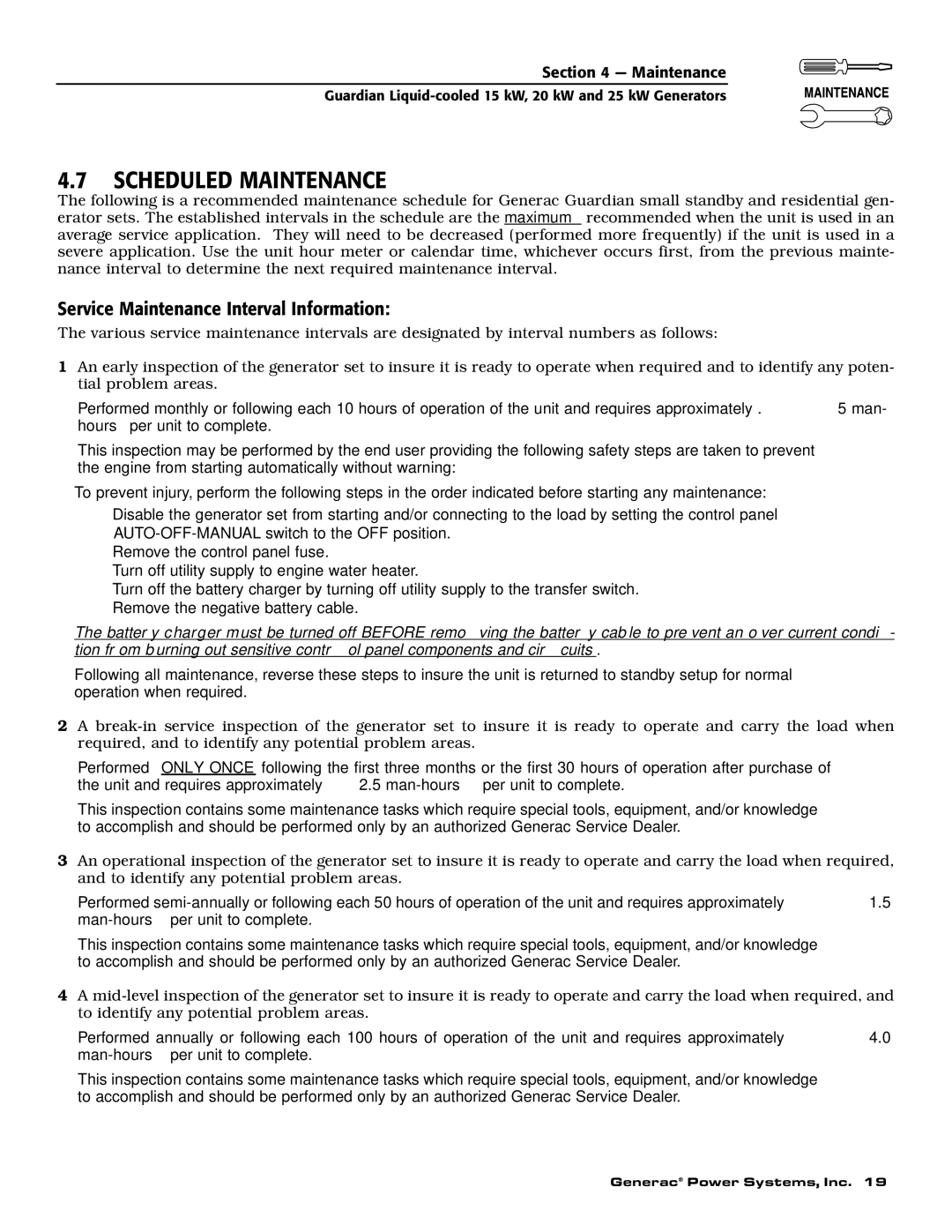 Generac 0047210, 0047220, 0047230, 0047240, 0047250, 0047251, 0047252, 0047253, 0047260 owner manual Scheduled Maintenance 