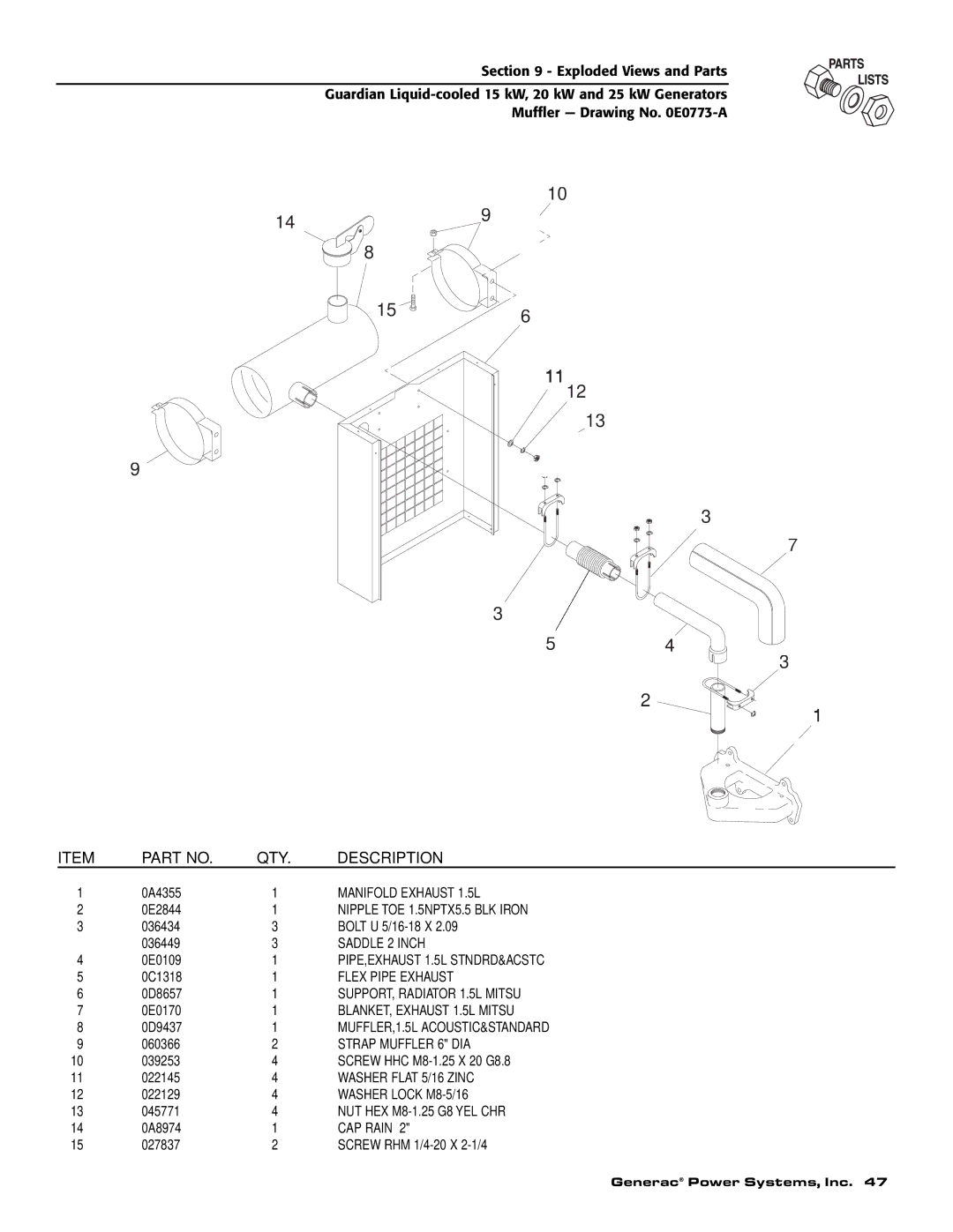 Generac 0047210, 0047220, 0047230, 0047240, 0047250, 0047251, 0047252, 0047253, 0047260 Manifold Exhaust 1.5L, CAP Rain 