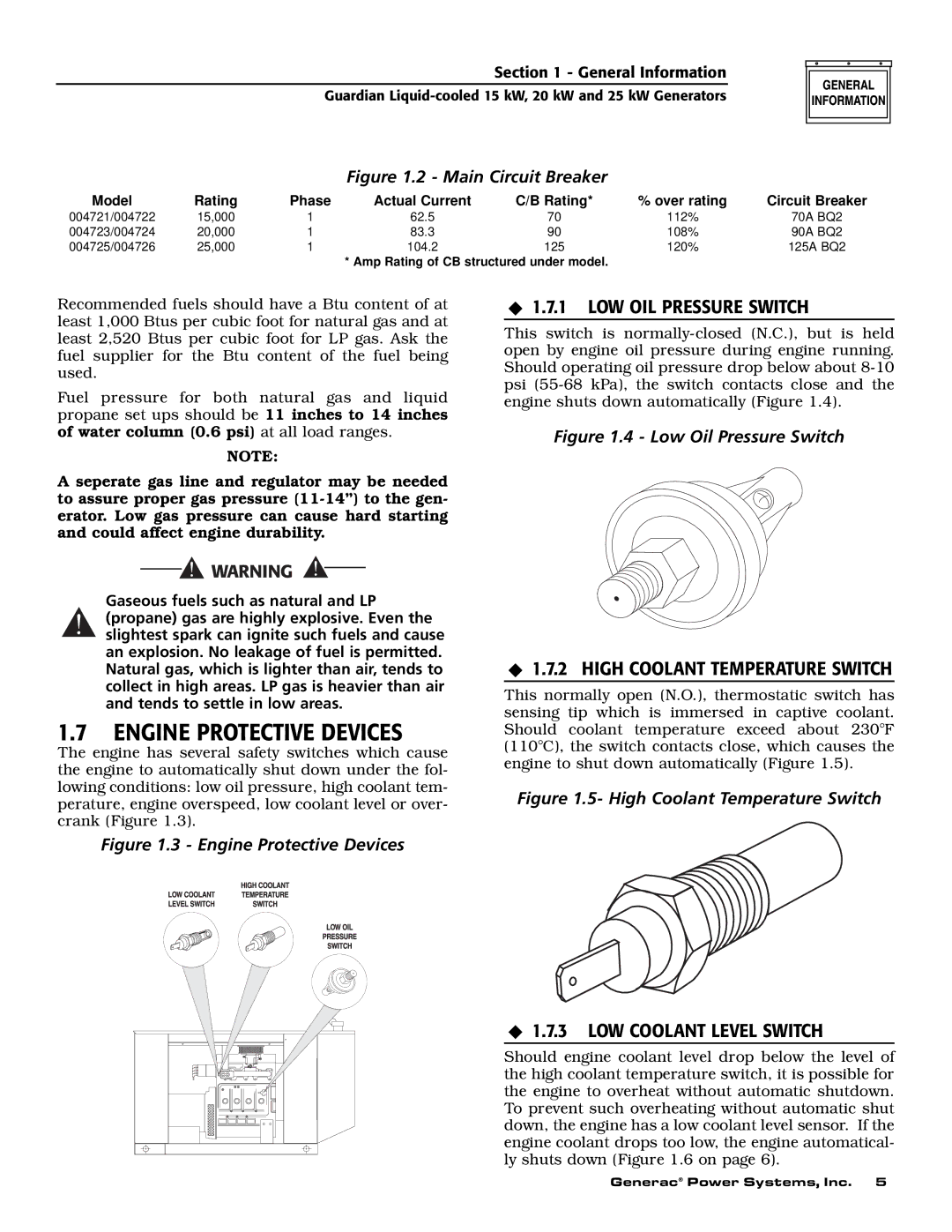 Generac 0047210, 0047220, 0047230, 0047240, 0047250, 0047251, 0047252, 0047253, 0047260 Engine Protective Devices 