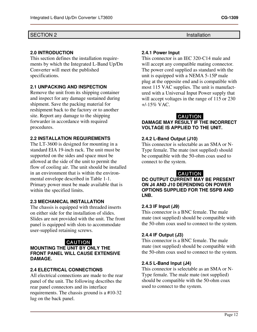 General Dynamics UP/DN CONVERTER L-BAND, LT-3600 manual Installation 