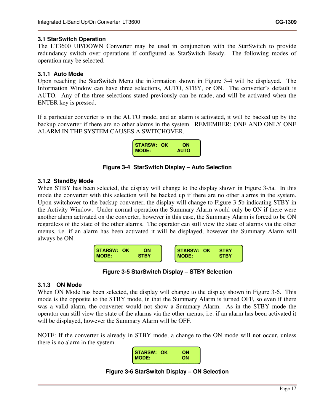 General Dynamics LT-3600, UP/DN CONVERTER L-BAND manual StarSwitch Display Auto Selection StandBy Mode 