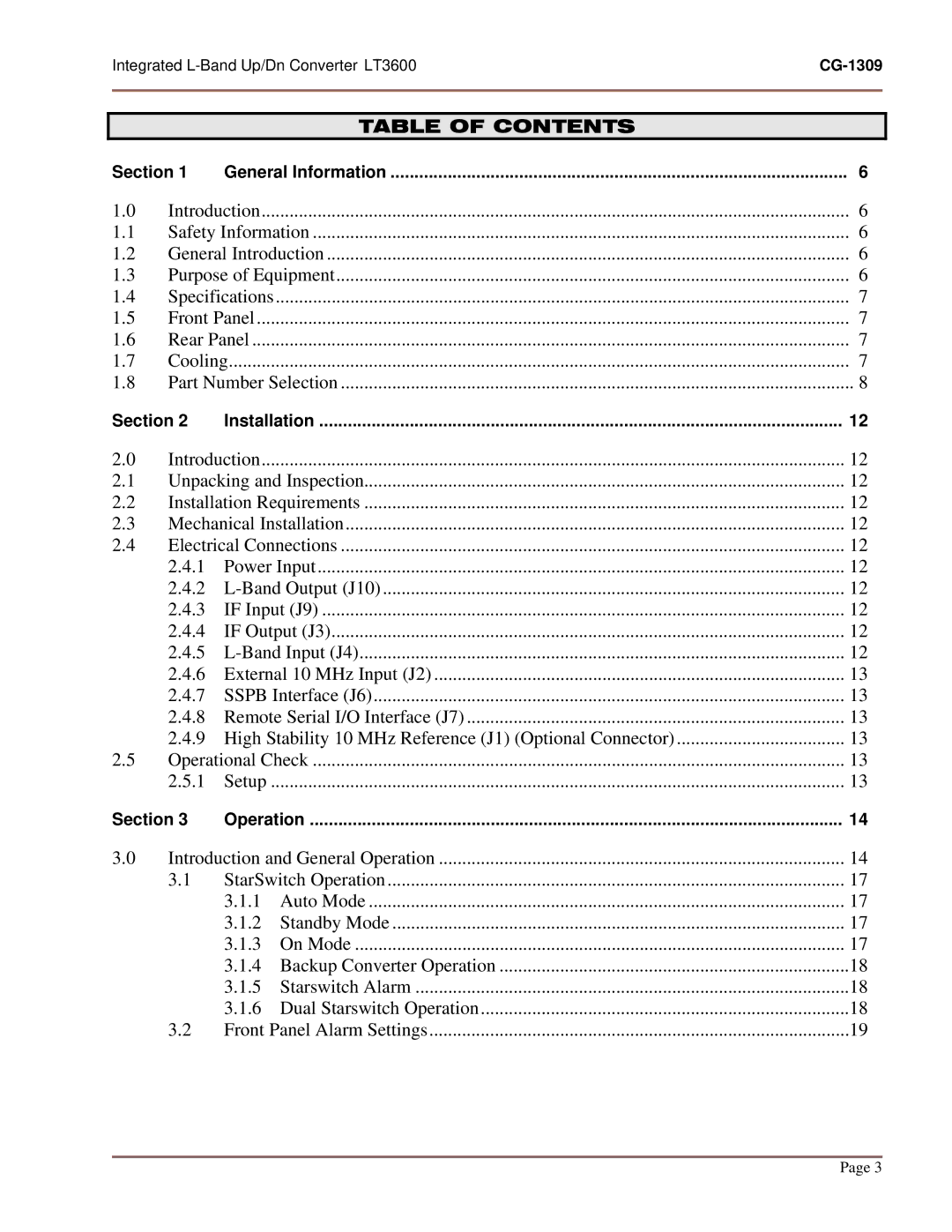 General Dynamics LT-3600, UP/DN CONVERTER L-BAND manual Table of Contents 