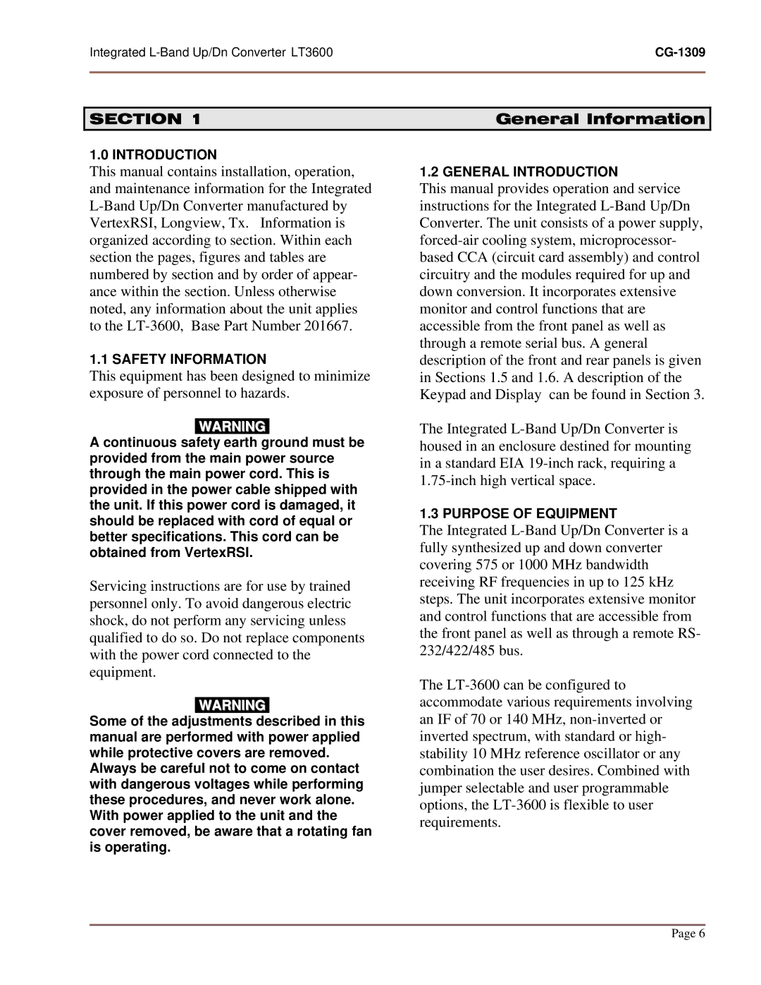 General Dynamics UP/DN CONVERTER L-BAND, LT-3600 manual Section, General Information 