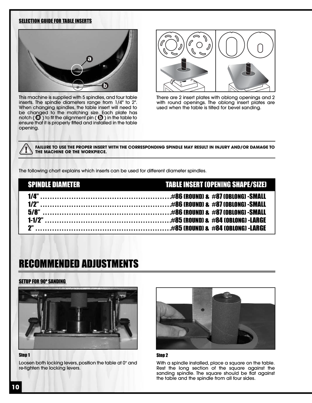 General Tire 15-220 manual Recommended Adjustments, Selection Guide for Table Inserts 