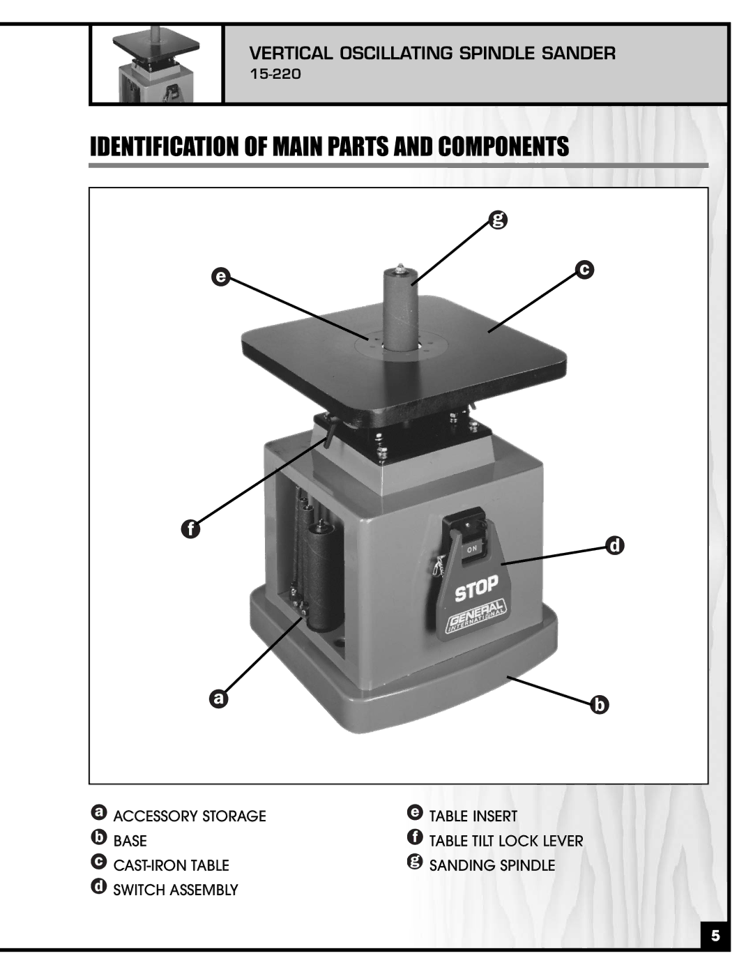 General Tire 15-220 manual Identification of Main Parts and Components 