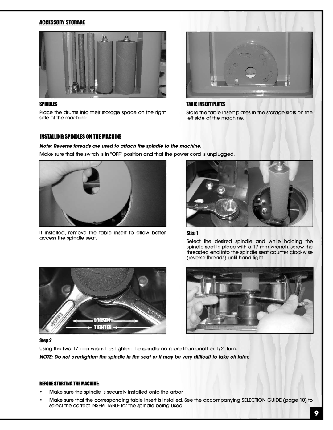 General Tire 15-220 manual Accessory Storage, Installing Spindles on the Machine 