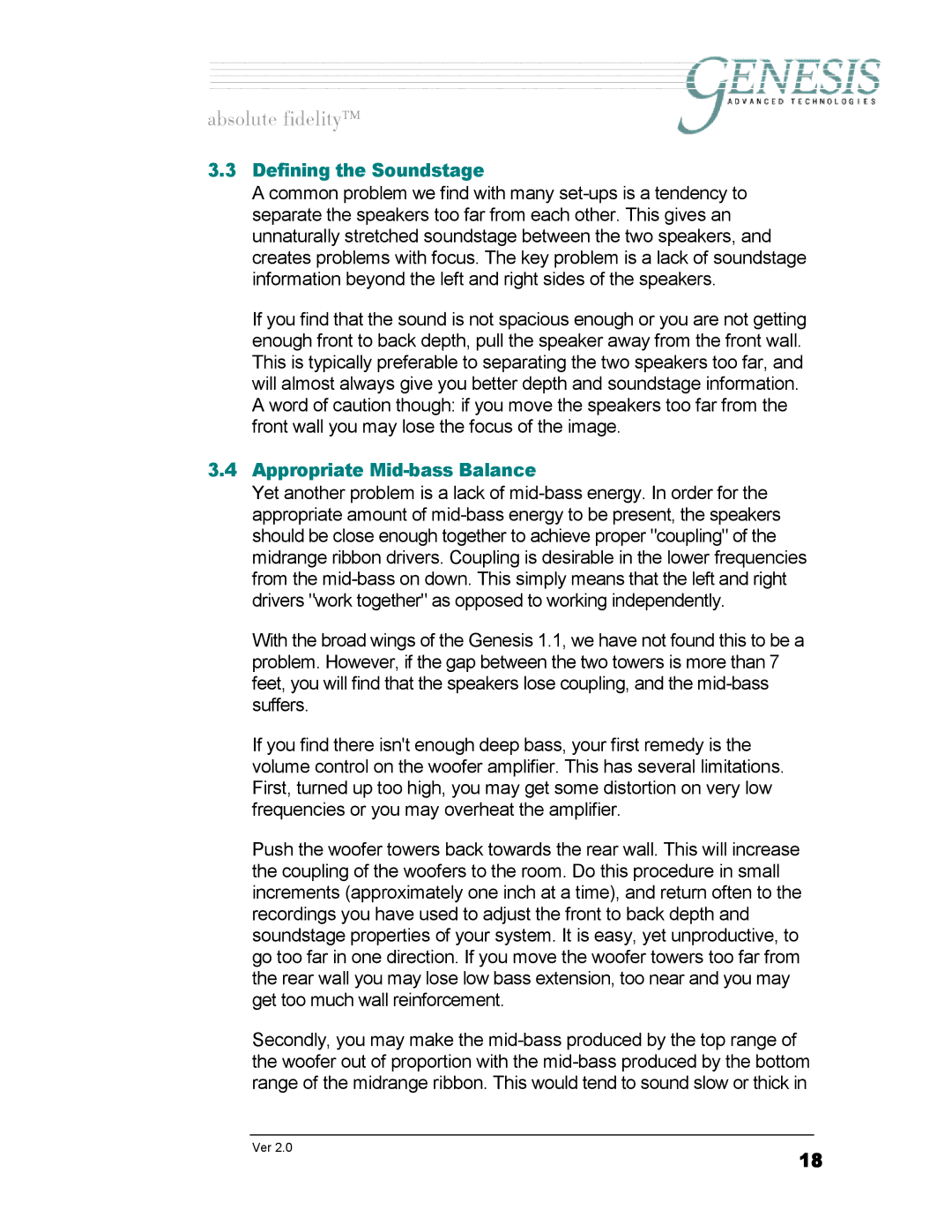 Genesis Advanced Technologies 1.1 owner manual Defining the Soundstage, Appropriate Mid-bass Balance 