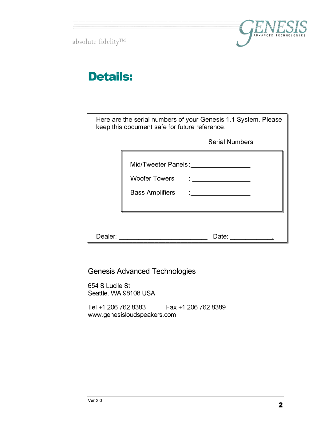 Genesis Advanced Technologies 1.1 owner manual Details 