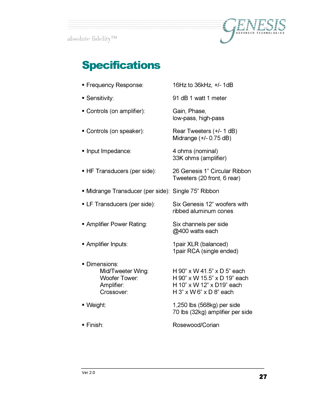 Genesis Advanced Technologies 1.1 owner manual Specifications 